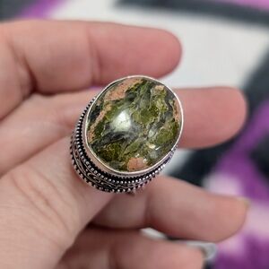 Vintage Handmade Artisan Genuine Unakite Set In Sterling Silver Size 8